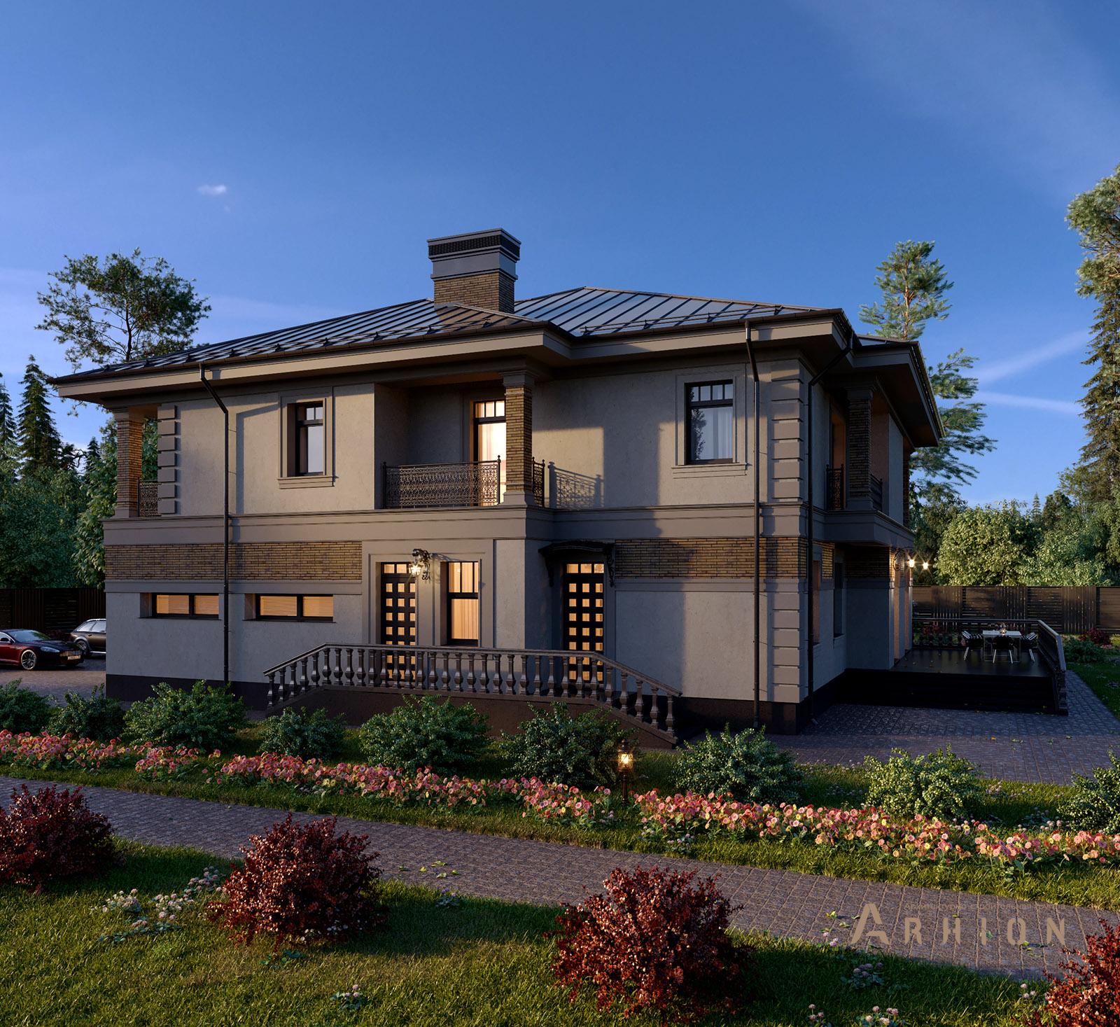 4. Проект двухэтажного дома в стиле Ллойда Райта (прерий) с четырехскатной, av-445, площадью - 445 кв c терассой, балконом, гаражом, эркером